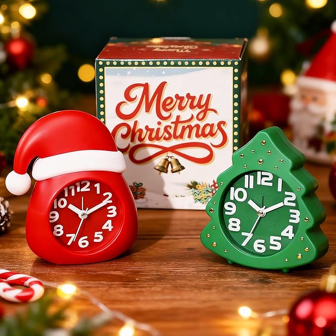 AYRELY?? Christmas Alarm Clock Gift Set ?€? 2 Silent Analog Clocks (Santa Hat & Christmas Tree), Ready-to-Gift Holiday Edition for Kids & Family, with Festive Gift Box