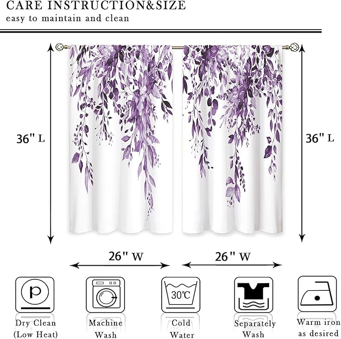 Eucalyptus Botanical Leaves Purple Floral Kitchen Window Curtains Over Sink Farmhouse Flower Leaf Small Window Treatment Cafe Short Curtains for Bathroom Treatment Tier Drapes 26x36 inch