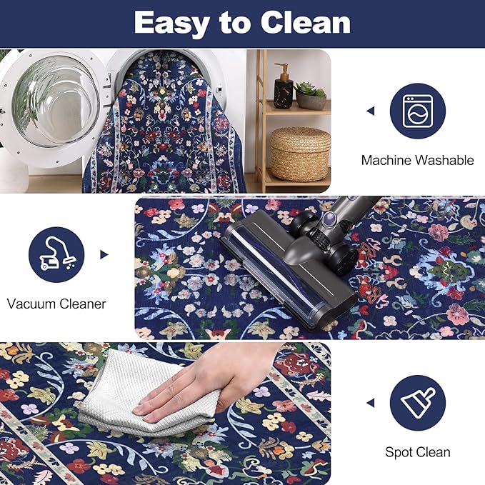 LOKHOM Washable Runner Rug, 2x8 Non-Slip Vintage Hallway Runner Rug with Rubber Backing, Boho Floral Soft Faux Wool Kitchen Rug Carpet Runner for Laundry Entryway Bedroom (Vibrant Blue)