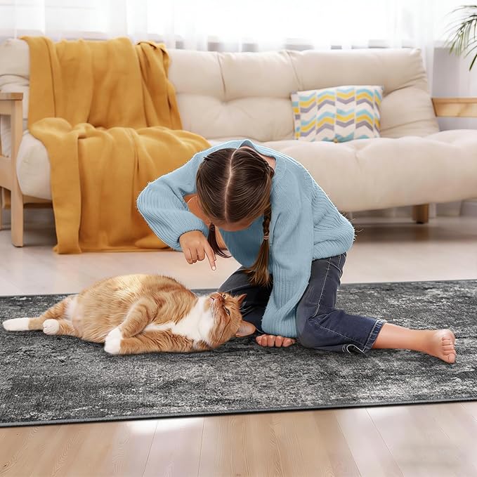 2x12 Black Rug Runners for Hallways Kitchen Runner Rug Non Slip Washable Black Long Runner Rugs with Rubber Backing Soft Abstract Carpet Runner for Bedroom, Kitchen, Bathroom, Entryway