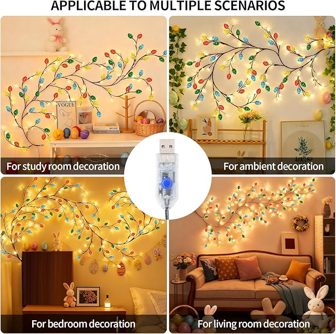 FNHMSL Easter Egg Enchanted Willow Vine Lights, 4FT 48LED 4 Color Easter Egg Tree Branch Lights for Wall, Remote Timer,8 Light Model,Bedroom Wall Doors Wedding, Christmas, USB Battery Box