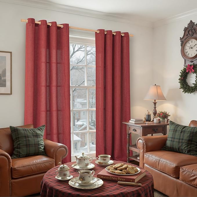 YoungsTex Burgundy Red Linen Curtains 102 Inch Length for Living Room, Light Filtering Semi Sheer Drapes with Bronze Grommet Privacy for Bedroom Windows, 52 x 102 Inch, 2 Panels