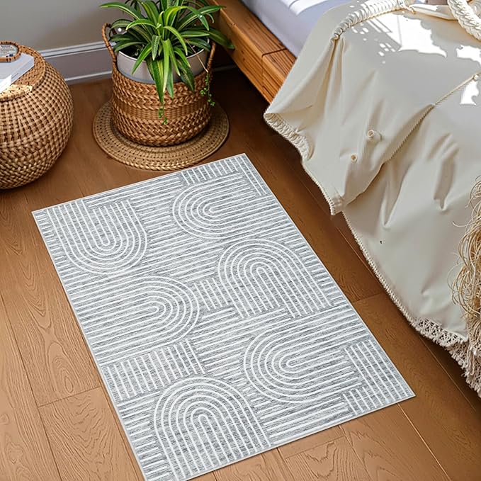 Washable Rug 2x3 Area Rugs for Entryway, Abstract Rug for Bedroom, Soft Rainbow Non Slip Small Area Rug with Rubber Back, Low Pile Stain Resistant Boho Geometric Carpet for Dining Room, Ash