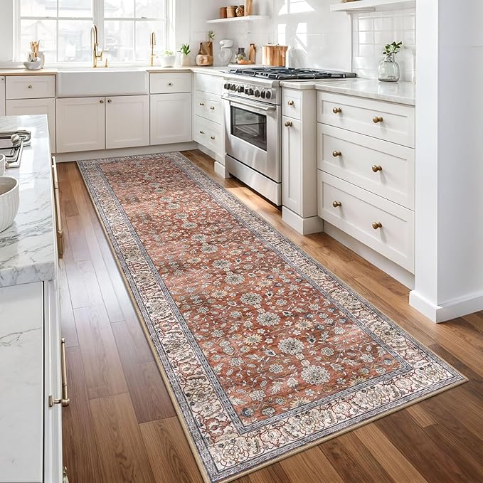 KUTA Vintage Wide Runners for Hallways 3x10 ft Washable Kitchen Runner Non Slip Red Clay Long Hall Runners Entryway Runner Rugs Floor Carpet for Indoor Backdoor Bedroom Kitchen