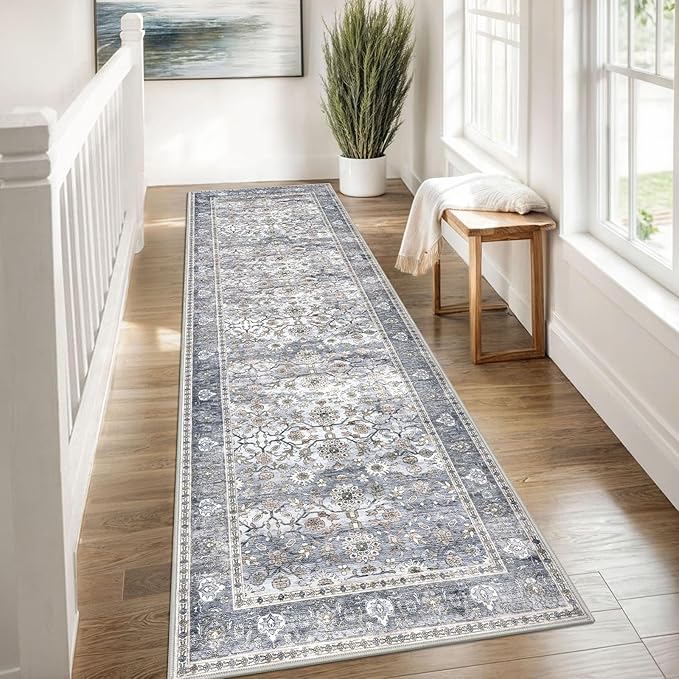 KUTA Vintage Washable Runner Rug, 2.6x8 Grey Blue Runners for Hallways Non-Slip Kitchen Rugs Ultra Thin Soft Printed Distressed Oriental Floral Floor Carpet for Laundry Bedroom Living Room Nursery