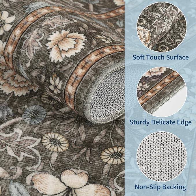 GarveeHome Washable Area Rug 6x9, Soft Vintage Floral Bedroom Rug Non Slip Low Pile Carpet Stain Resistant Gray Throw Rug for Bedside Kids Room Office Dining Room
