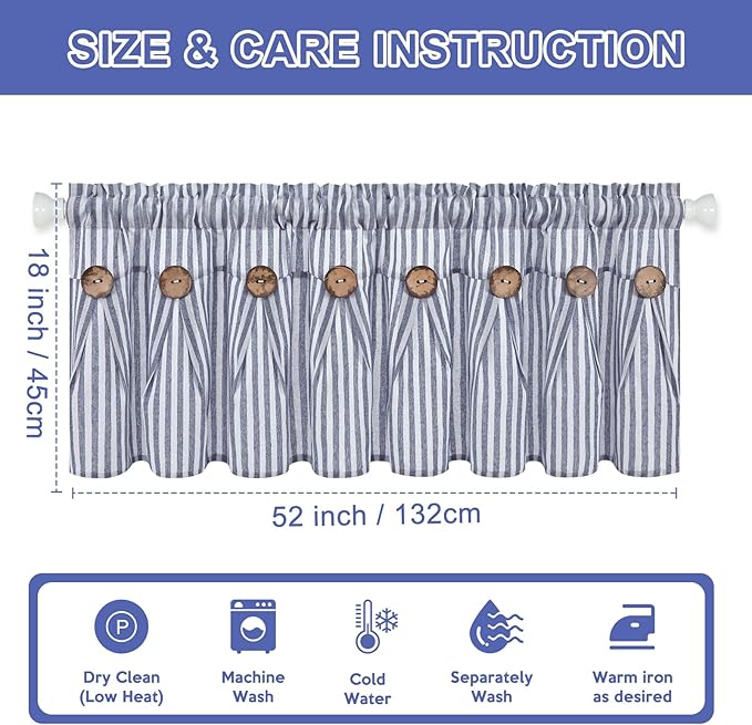 ASPMIZ Farmhouse Valances for Windows, Cotton Linen Kitchen Curtains Valances with Rustic Buttons, Blue Striped Window Valance for Living Room, Boho Valance Curtains for Bathroom, 52 x 18 Inches