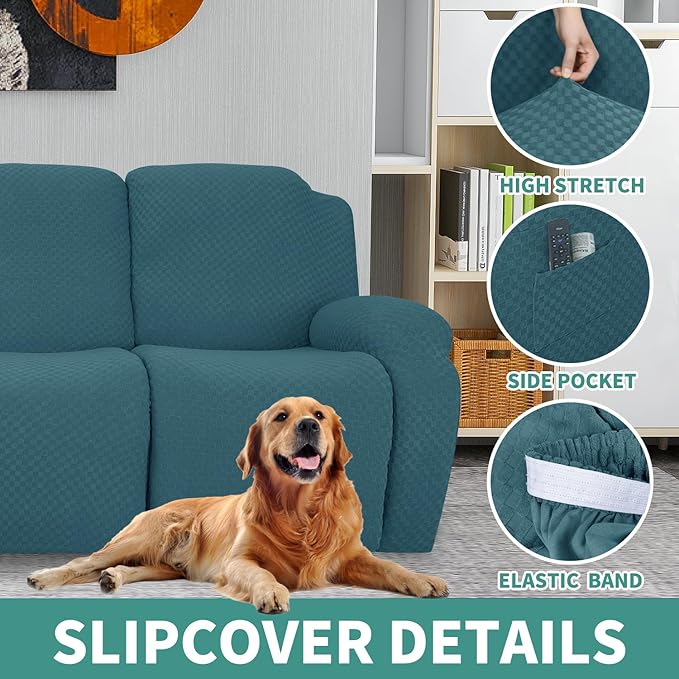 YEMYHOM 6 Pieces Stretch Loveseat Recliner Slipcover Jacquard Recliner Sofa Cover with Side Pocket Fitted Recliner Cover Couch Furniture Protector with Elastic Bottom (Medium, Peacock Blue)