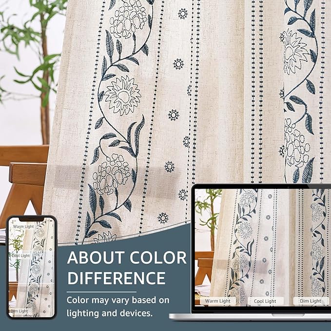 jinchan Winslow Linen Curtains for Bedroom 63 Inches Length Embroidered Bordered Floral Curtains for Living Room Farmhouse Decor Light Filtering Window Treatments Blue on Beige Drapes 2 Panels