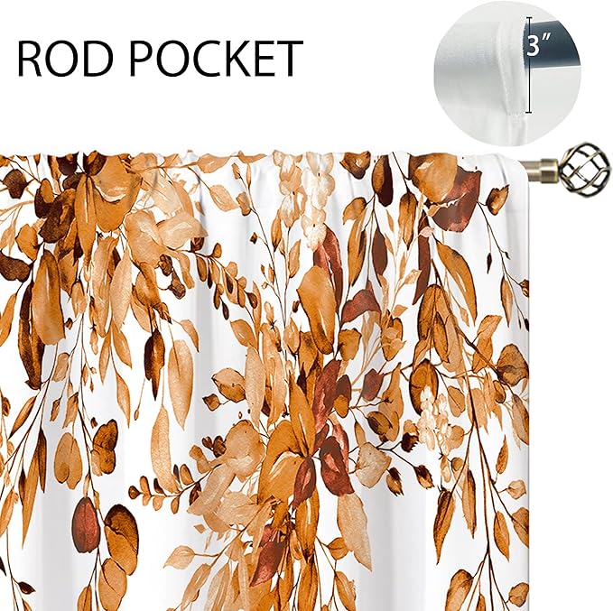 Orange Eucalyptus Botanical Leaves Floral Kitchen Window Curtains Over Sink Farmhouse Flower Fall Small Window Treatment Cafe Short Curtains for Bathroom Treatment Tier Drapes 26x36 inch