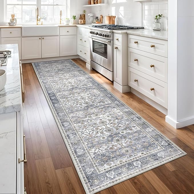 KUTA Vintage Washable Runner Rug, 2.6x10 Grey Blue Runners for Hallways Non-Slip Kitchen Rugs Ultra Thin Soft Printed Distressed Oriental Floral Floor Carpet for Laundry Bedroom Living Room Nursery