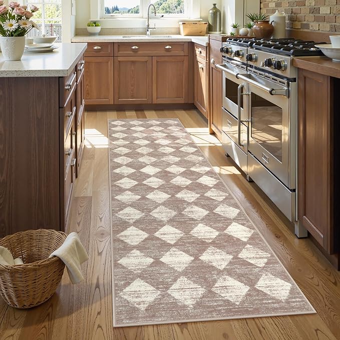 Lahome Zelie Moroccan Treills 2x8 Washable Hallway Runner Rug, Non Slip Bathroom Kitchen Carpet Runners, Checkered Modern Soft Runner for Entryway Living Room, Beige