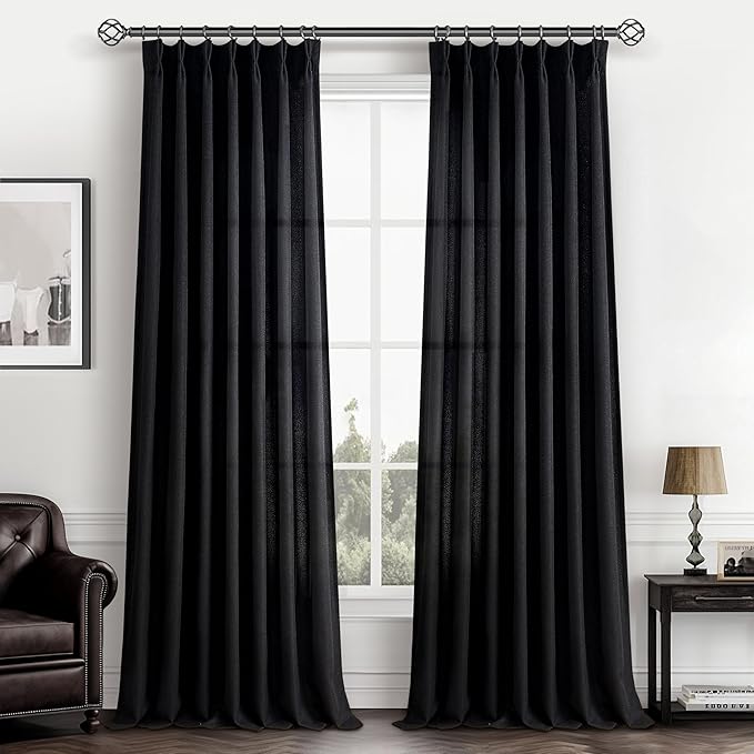 Extra Long Floor to Ceiling 108 Inch Negras Cortinas Para Sala, Pinch Pleated Linen Sheer Luxury Cutains for Living Room 2 Panels Set Light Filtering Privacy 9 FT Large Window Drape with Hook Back Tab