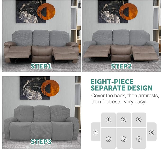 YEMYHOM 8 Pieces Stretch Recliner Sofa Cover Latest Jacquard Reclining Couch Cover with Side Pocket Anti-Slip Fitted 3 Cushion Furniture Slipcovers with Elastic Bottom (Sofa Recliner, Light Gray)