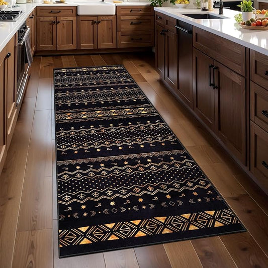 SERISSA 2x5 Kitchen Runner Rug, Washable Non-Slip Black and Gold Boho Rug, Soft Low-Pile Geometric Indoor Carpet for Hallway Laundry Room Bathroom Bedroom Entryway