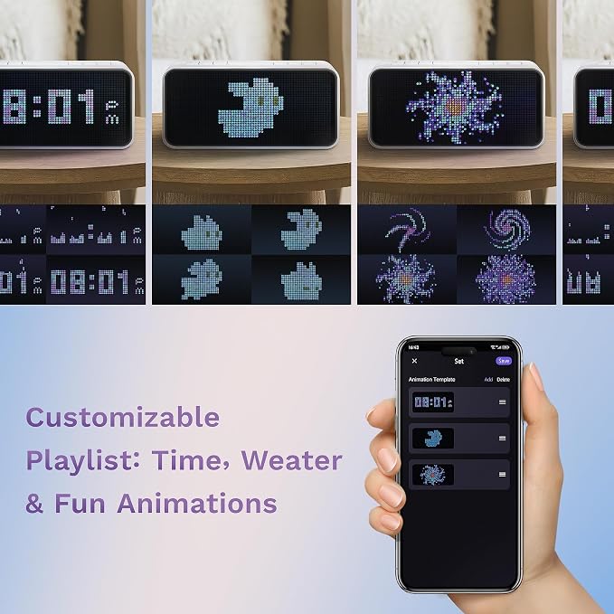 Dekala PixelRise Smart Alarm Clock for Bedroom,Pixel Art LED Dot Matrix Display, Weather Temperature Animation, Loud Dual Alarm for Heavy Sleeper, Sleep White Noise, WiFi Weather & DST Time Sync, App - Image 3