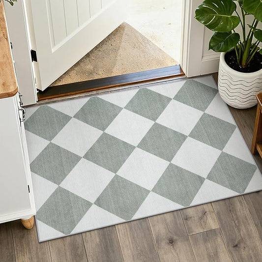 Beeiva Checkered Print Indoor Door Mats for Entryway, 2x3 Washable Bathroom Rug Non Slip Soft Small Rug for Bedroom Ultra Thin, Moroccan Trellis Carpet for Laundry Kicthen Decor (Green/White)