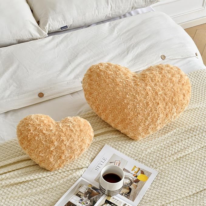 Heart Pillow, Soft Heart Shaped Pillow with Room Decorative Throw Pillows for Bed Couch Chair Sofa, Heart Shaped Cute Throw Pillow Cushion for Bedroom Living Room (Khaki, Mini 12.9" x 9.8")