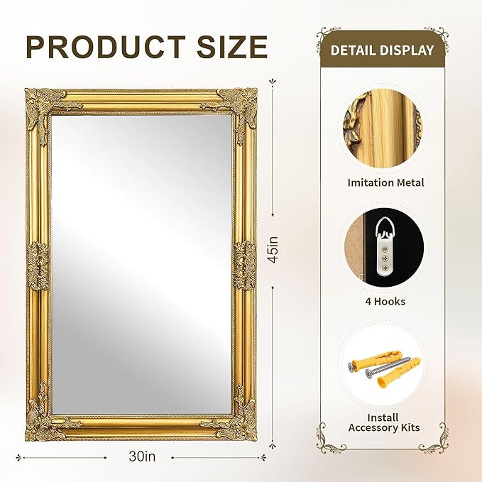 Vintage Gold Mirror for Wall, 30"x45" Antique Decorative Ornate Baroque Mirror for Living Room, Entryway, Bathroom, Fireplace