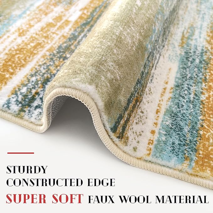 Lansny Modern Abstract Hallway Runner Rug, Green Mustard Multi Washable Kitchen Runner Non-Slip Soft 2x8 Runner Rug Thin Print Faux Wool Carpet for Entryway Bedroom Laundry Room Indoor Home Decor