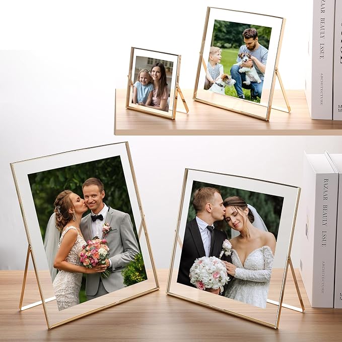 Gold 8x8" Floating Frame 2 Pack for Photo size(5x5'',6x6'' 8x8''),Adjustable Tabletop/Shelf floating Picture Frame,Classy Metal Gift Frames for Wedding,Thanksgiving,Christmas,Birthady,Home or Office Decor.