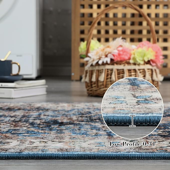 GarveeHome Washable Runner Rug 2.5x10 Entryway Rug, Low Pile Stain Resistant Vintage Floral Floor Carpet, Non Slip & Non Shedding Distressed Oriental Runners for Hallways, Bedrooms, Blue
