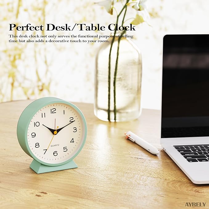 AYRELY?? 4.5" Analog Alarm Clock,Small Retro Desk Clock Battery Operated,Slient Metal Table Clock with Light for Living Room Decor,Bedroom,Bedside,Shelf (Green)