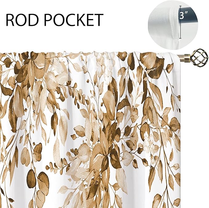 Eucalyptus Botanical Leaves Floral Kitchen Window Curtains over Sink Farmhouse Flower Leaf Small Window Treatment Tan Floral Cafe Short Curtains for Bathroom Treatment Tier Drapes 27.5x39 inch