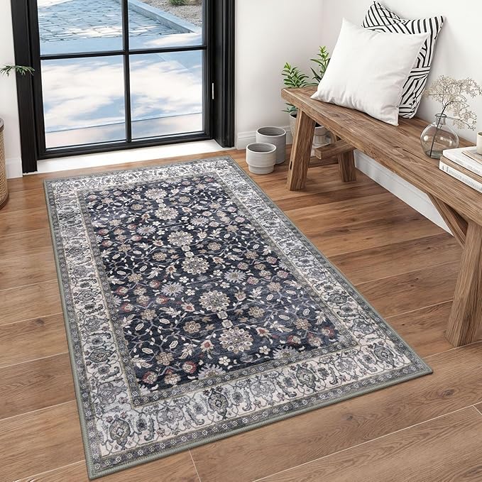 KUTA 3x5 Rugs for Entryway, Vintage Floral Area Rug Washable Non-Slip Grey Black Beige Ultra Thin Soft Printed Distressed Entry Low-Pile Throw Carpet for Bedroom Nursery Living Room