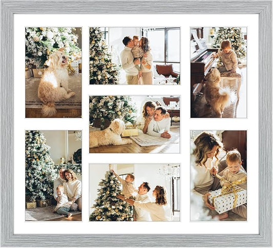 Golden State Art, 13.7x15.7 Matted Grey Wood 7-Opening for 4x6 Collage Picture Frame, 1 Pack