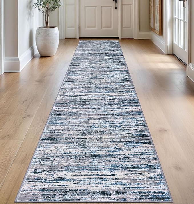 Lansny Modern Abstract Runner Rug 2.6x14, Grey Blue White Washable Long Kitchen Runner Non-Slip Soft Hallway Rug Runner Thin Print Faux Wool Carpet for Entryway Bedroom Laundry Room Indoor Home Decor