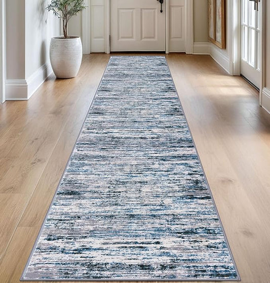 Lansny Modern Abstract Runner Rug 2.6x14, Grey Blue White Washable Long Kitchen Runner Non-Slip Soft Hallway Rug Runner Thin Print Faux Wool Carpet for Entryway Bedroom Laundry Room Indoor Home Decor