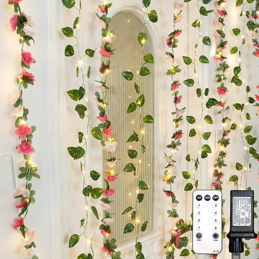 suddus 300 LED Artificial Flower Garland Pothos Vines Curtain Lights, Rose Vines Fairy Lights for Bedroom, Hanging String Lights for Wall, Room, Dorm, Wedding, Party, Indoor Decor 6.56ft x 6.56ft
