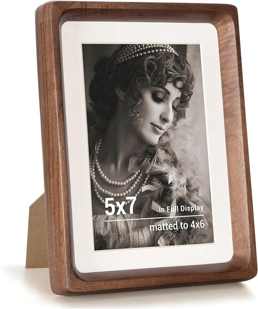 Fun Memories 5x7 Picture Frame, USA-Sourced Walnut Wood Photo Frames with HD Tempered Glass, Handcrafted Rounded Corner 5 x 7 Wooden Frames Matted to 4x6 Photos, 5x7 Frame, Tabletop or Wall Display