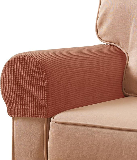 SUBRTEX Stretch Couch Arm Covers Set of 2, Checkered Sofa Arm Slipcovers, Anti-Slip Armrest Covers for Recliner and Armchairs, Pet Proof, High Stretchy, Hook & Loop Tape, Brick