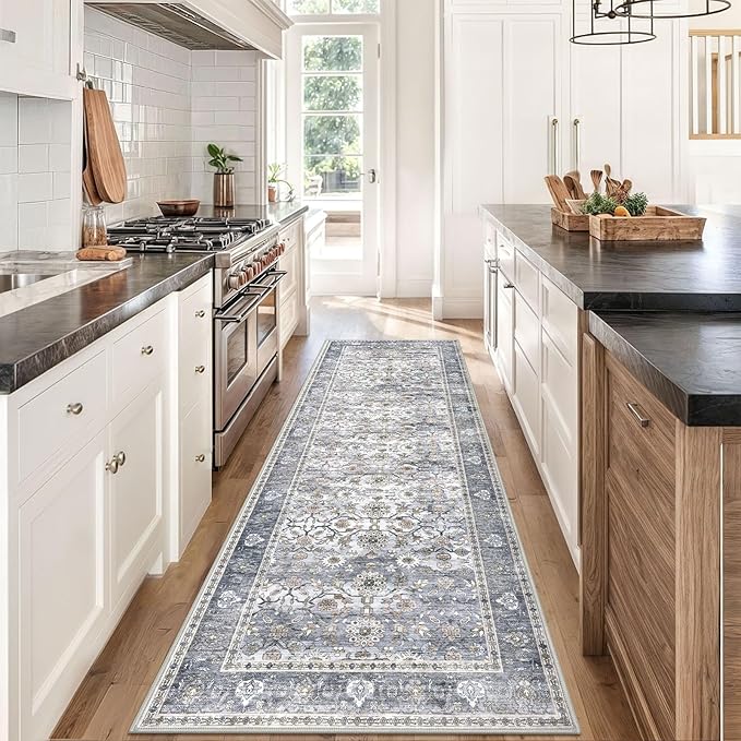KUTA Vintage Wide Runners for Hallways 3x8 ft Washable Kitchen Runner Non Slip Rubber Backed Grey Blue Hall Runners Entryway Runner Rugs Floor Carpet for Indoor Backdoor Bedroom Kitchen