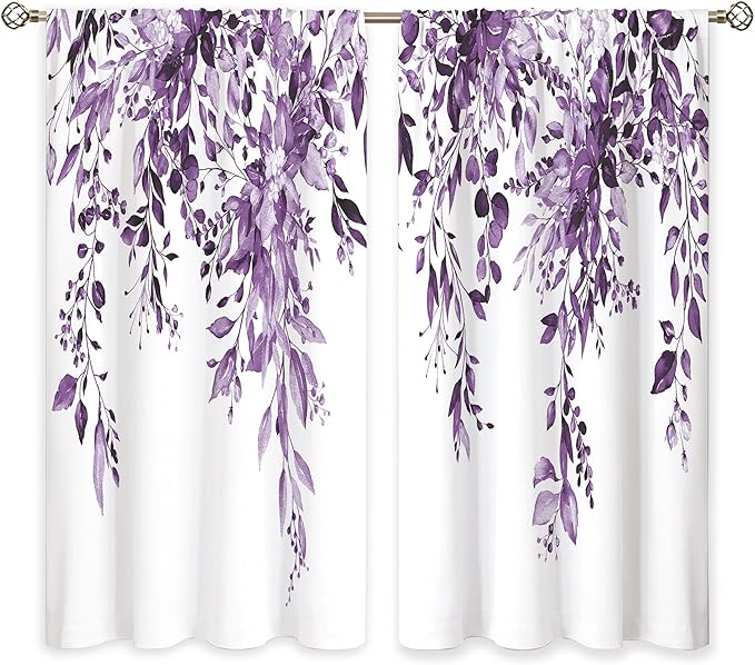 Purple Eucalyptus Botanical Leaves Floral Window Curtains Watercolor Flower Plant Wildflower Farmhouse Rustic Curtain Drapes Herb Curtains for Bedroom Living Room Treatment 42Wx63H Inch