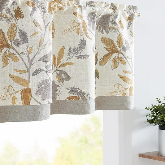 jinchan Linen Valance Double Layer Kitchen Window Curtain Yellow Leaf on Beige Valance for Living Room Cafe Farmhouse Light Filtering Rustic French Country Curtain 16 Inch Rod Pocket 1 Panel