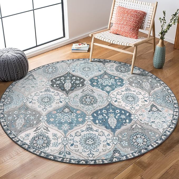 Lahome Moroccan Trellis Round Area Rugs, Washable Small Round Rug 3ft Non-Slip, Soft Vintage Ultra-Thin Circle Carpet for Bedroom Entryway Kitchen Laundry Bathroom Elise, Blue