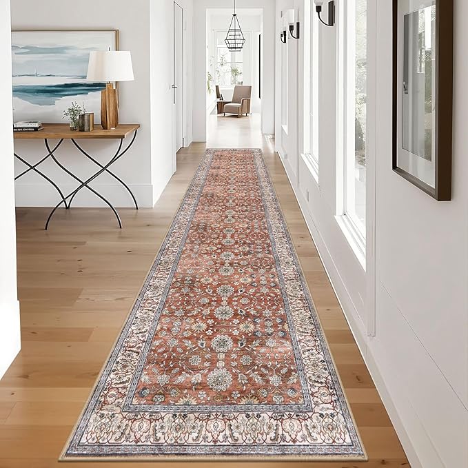 KUTA Vintage Long Runners for Hallways, 2.6x12 Red Clay Washable Non-Slip Kitchen Rugs Ultra Thin Soft Printed Distressed Oriental Floral Floor Carpet for Laundry Bedroom Living Room Nursery