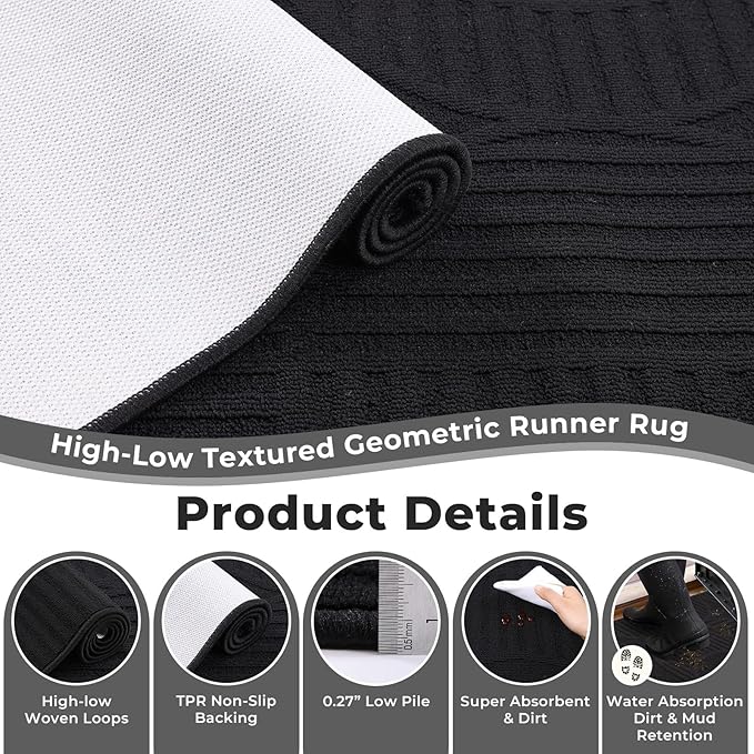Findosom Washable Runner Rug 2x8, Geometric High-Low Textured Non Slip Hallway Runner Rug with Rubber Backing, Boho Carpet Runner for Kitchen, Bedroom, Laundry, Entryway, Bathroom, Black