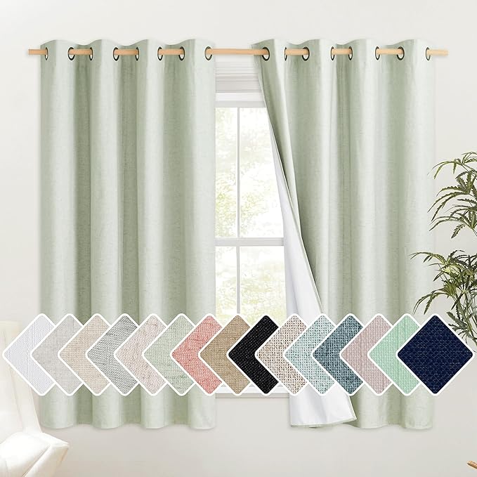 NICETOWN Sage Green Short Kitchen Linen Blackout Curtains 48 inches Length for Kitchen, 52" Wide, Pair of Thermal Insulated & Energy Efficiency Drapes for Windows, Lined Linen Flax Window Dressing