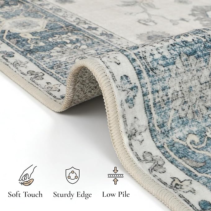 GENIMO Runner Rug for Hallways Machine Washable, 2x5 Non Slip Boho Vintage Lightweight Washable Runners, Thin Floor Rugs for Entryway Hallway Bathroom Laundry Room Corridor, Misty Blue