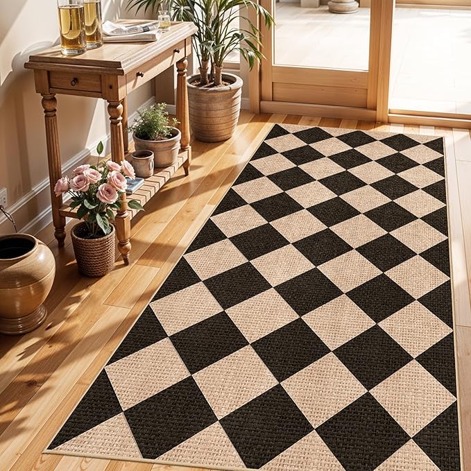 3x6 Kitchen Runner Rug Washable Non Slip: Diamond Pattern Faux Jute Rug - Thin Easy Clean Indoor Farmhouse - Boho Rugs Entryway Kitchen Hallway Bedroom Modern Home Decor Mat (Black/Brown,3x6)