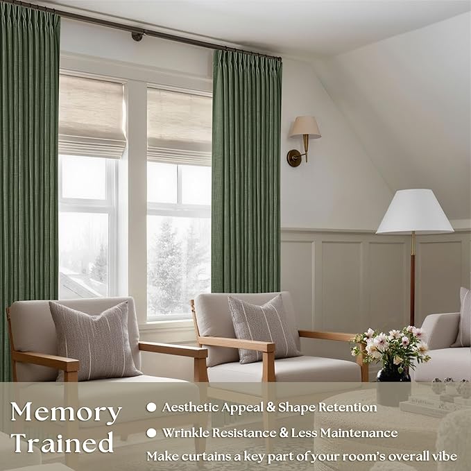 80 Inches Long Olive Green Linen Curtains for Living Room Pinch Pleat Hooks for Living Room Back Tab Thick Linen Textured Pleated Drapes Light Filtering Loden Bedroom Window Curtains 80 Inch Length
