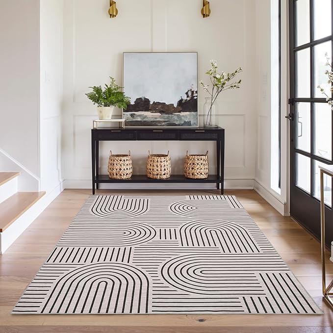 Washable Rug 4x6 Area Rugs for Living Room, Abstract Rug for Bedroom, Soft Rainbow Non Slip Throw Rugs with Rubber Back, Low Pile Stain Resistant Boho Geometric Carpet for Dining Room, LightCamel