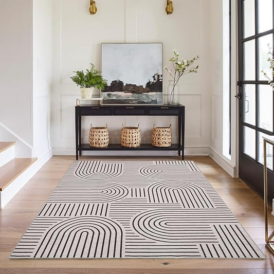 Washable Rug 4x6 Area Rugs for Living Room, Abstract Rug for Bedroom, Soft Rainbow Non Slip Throw Rugs with Rubber Back, Low Pile Stain Resistant Boho Geometric Carpet for Dining Room, LightCamel