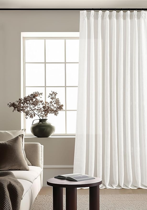 TWODRAPES Beige White Pinch Pleated Linen Curtains 1 Panel for Living Room Bedroom Memory Training Shaped Semi Sheer Pleat Drapes with Hooks Rings Light Filtering Window Curtain 60x108