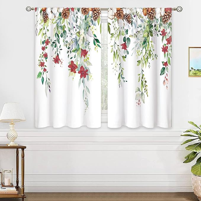 Red Flower Eucalyptus Botanical Leaves Sage Green Christmas Floral Kitchen Window Curtains Over Sink Leaf Small Treatment Cafe Short Curtains for Bathroom Treatment Tier Drapes 27.5x39 inch