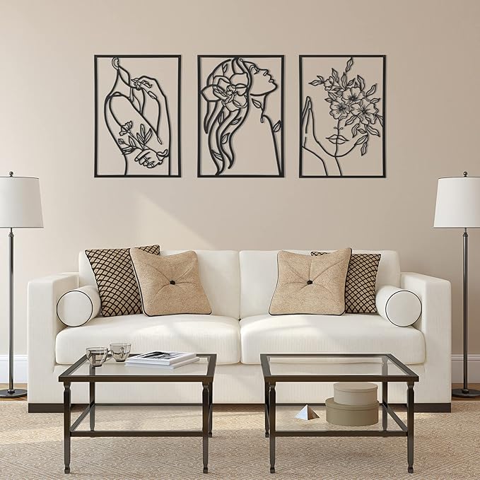 AGIOTA 3 Pcs Wall Decor Above Bed Minimalist Wall Art for Living Room Metal Line Art - Female Body, Black Room Decor for Bedroom Modern Wall Art for Indoor 15inch
